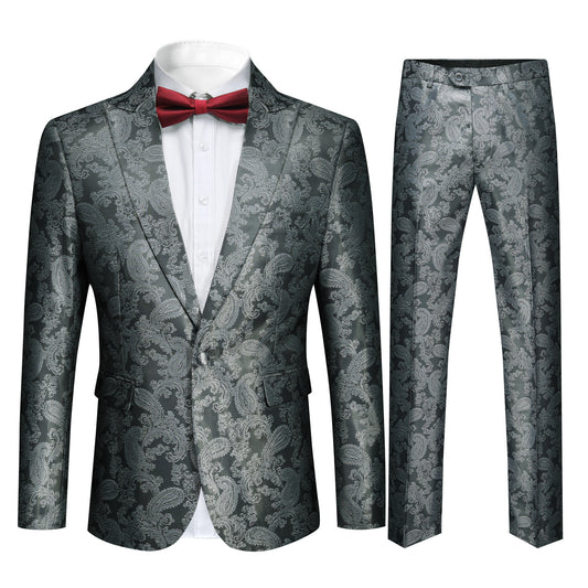 Grey # Men's slim fit 2-piece paisley fashion suit with notched lapel and single-breasted button closure, grey patterned formal blazer jacket with four-button cuffs and fully lined interior, matching flat-front trousers for party, wedding, prom and special occasions, isolated on white background.