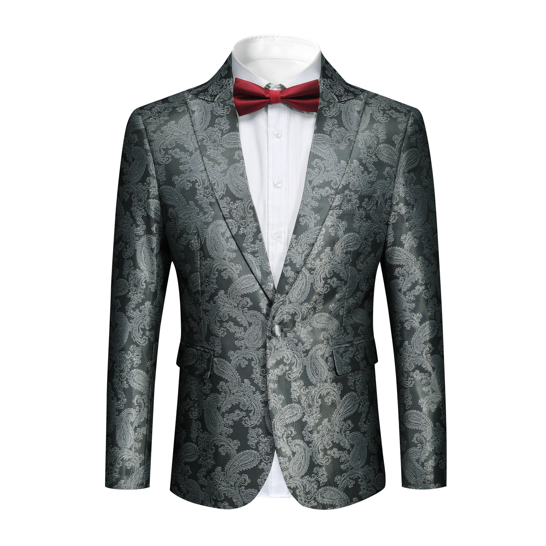 Grey # Men's slim fit 2-piece paisley fashion suit with notched lapel and single-breasted button closure, grey patterned formal blazer jacket with four-button cuffs and fully lined interior, matching flat-front trousers for party, wedding, prom and special occasions, isolated on white background.