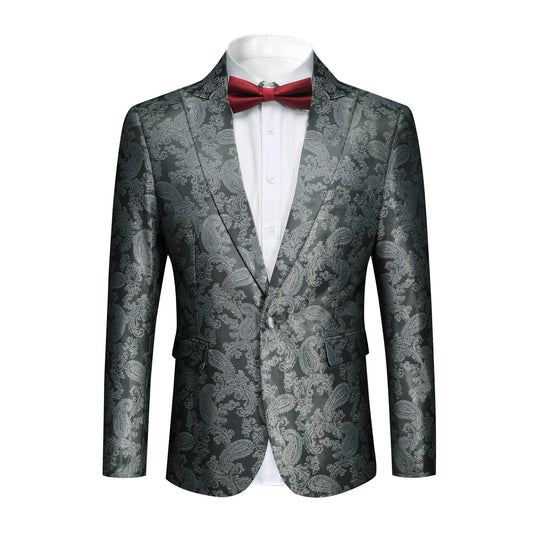 Grey # Men's slim fit 2-piece paisley fashion suit with notched lapel and single-breasted button closure, grey patterned formal blazer jacket with four-button cuffs and fully lined interior, matching flat-front trousers for party, wedding, prom and special occasions, isolated on white background.