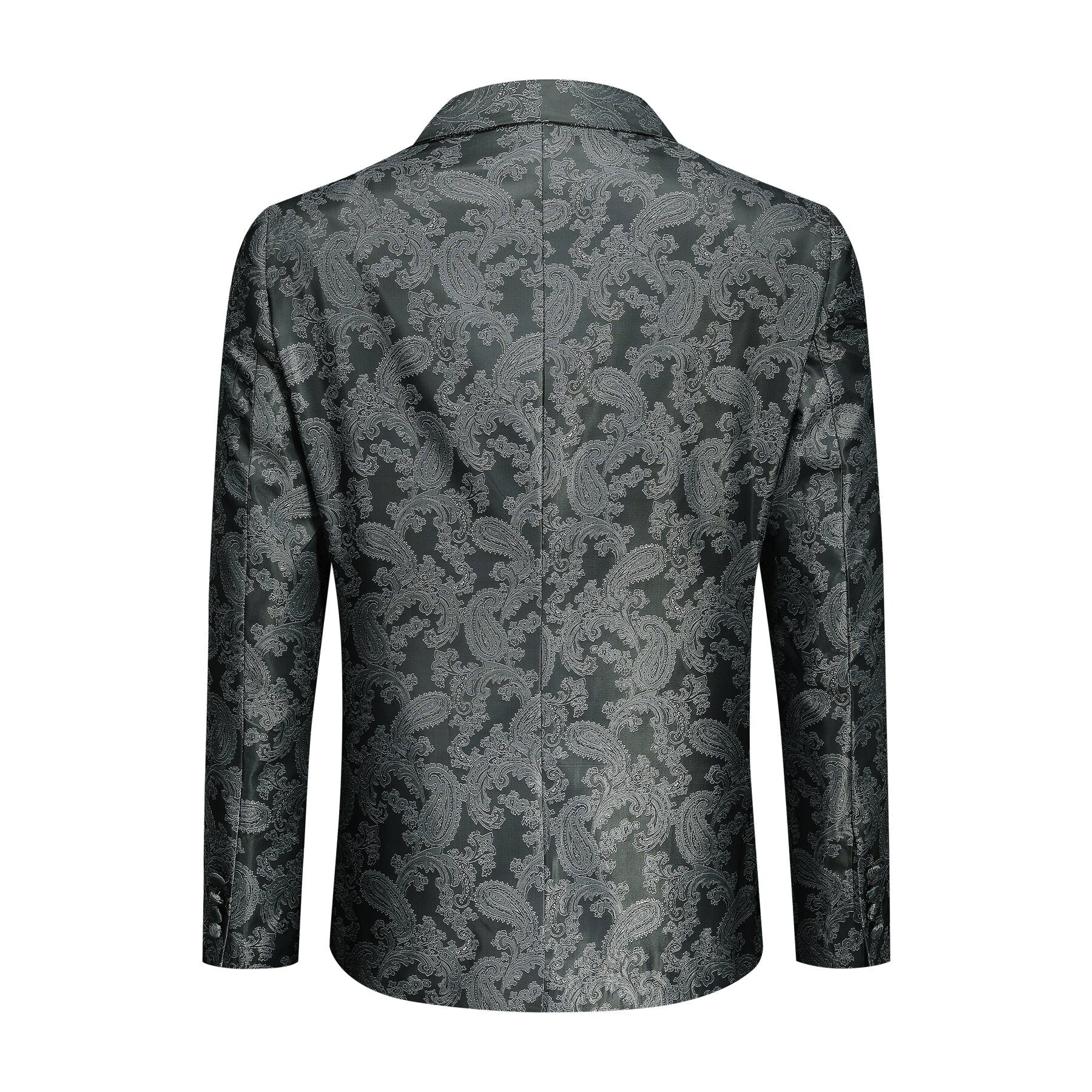 Grey # Men's slim fit 2-piece paisley fashion suit with notched lapel and single-breasted button closure, grey patterned formal blazer jacket with four-button cuffs and fully lined interior, matching flat-front trousers for party, wedding, prom and special occasions, isolated on white background.