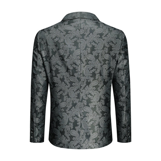 Grey # Men's slim fit 2-piece paisley fashion suit with notched lapel and single-breasted button closure, grey patterned formal blazer jacket with four-button cuffs and fully lined interior, matching flat-front trousers for party, wedding, prom and special occasions, isolated on white background.