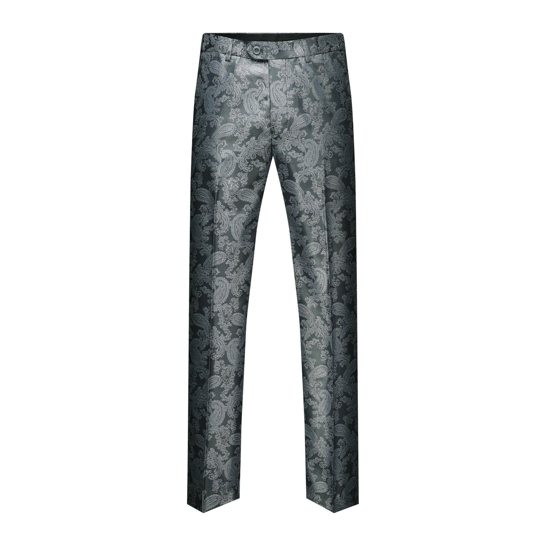 Grey # Men's slim fit 2-piece paisley fashion suit with notched lapel and single-breasted button closure, grey patterned formal blazer jacket with four-button cuffs and fully lined interior, matching flat-front trousers for party, wedding, prom and special occasions, isolated on white background.
