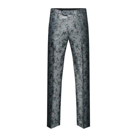 Grey # Men's slim fit 2-piece paisley fashion suit with notched lapel and single-breasted button closure, grey patterned formal blazer jacket with four-button cuffs and fully lined interior, matching flat-front trousers for party, wedding, prom and special occasions, isolated on white background.