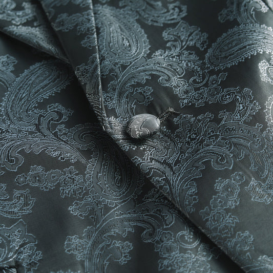 Grey # Men's slim fit 2-piece paisley fashion suit with notched lapel and single-breasted button closure, grey patterned formal blazer jacket with four-button cuffs and fully lined interior, matching flat-front trousers for party, wedding, prom and special occasions, isolated on white background.