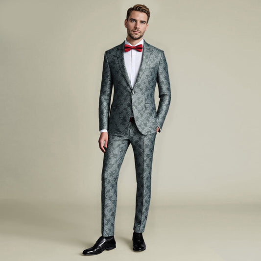 Grey # Men's slim fit 2-piece paisley fashion suit with notched lapel and single-breasted button closure, grey patterned formal blazer jacket with four-button cuffs and fully lined interior, matching flat-front trousers for party, wedding, prom and special occasions, isolated on white background.