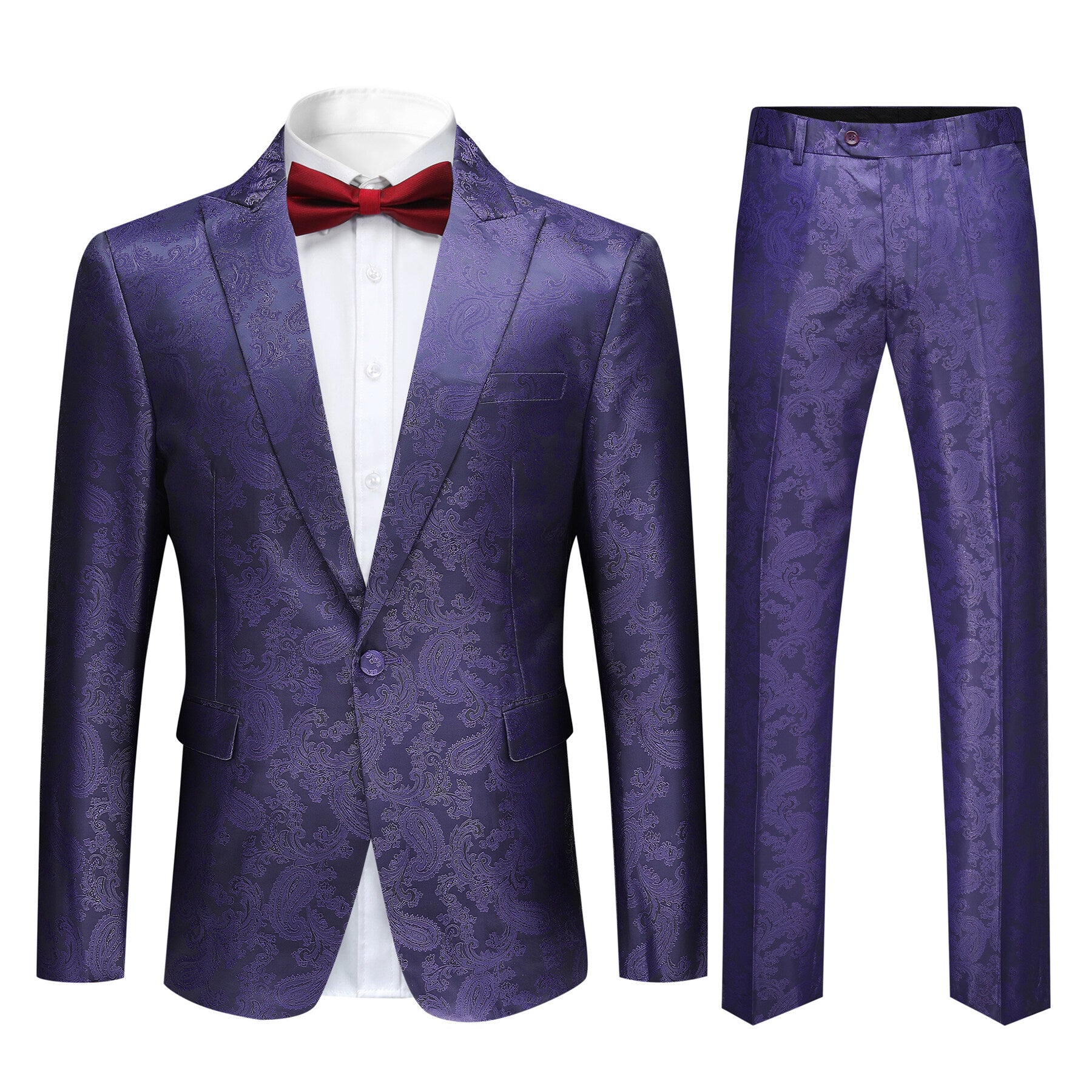 Purple # Men's slim fit 2-piece paisley fashion suit with notch lapel and single-breasted button closure, purple patterned formal blazer jacket with four-button cuffs and fully lined interior, matching flat-front trousers for party, wedding, prom and special occasions, isolated on white background.