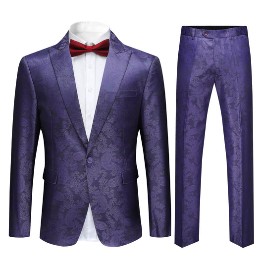 Purple # Men's slim fit 2-piece paisley fashion suit with notch lapel and single-breasted button closure, purple patterned formal blazer jacket with four-button cuffs and fully lined interior, matching flat-front trousers for party, wedding, prom and special occasions, isolated on white background.