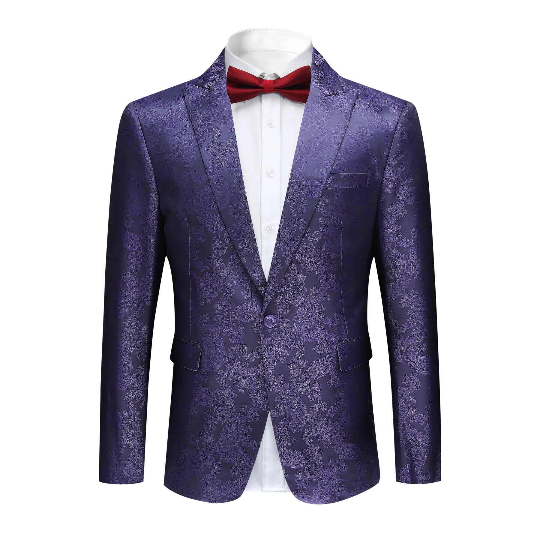 Purple # Men's slim fit 2-piece paisley fashion suit with notch lapel and single-breasted button closure, purple patterned formal blazer jacket with four-button cuffs and fully lined interior, matching flat-front trousers for party, wedding, prom and special occasions, isolated on white background.