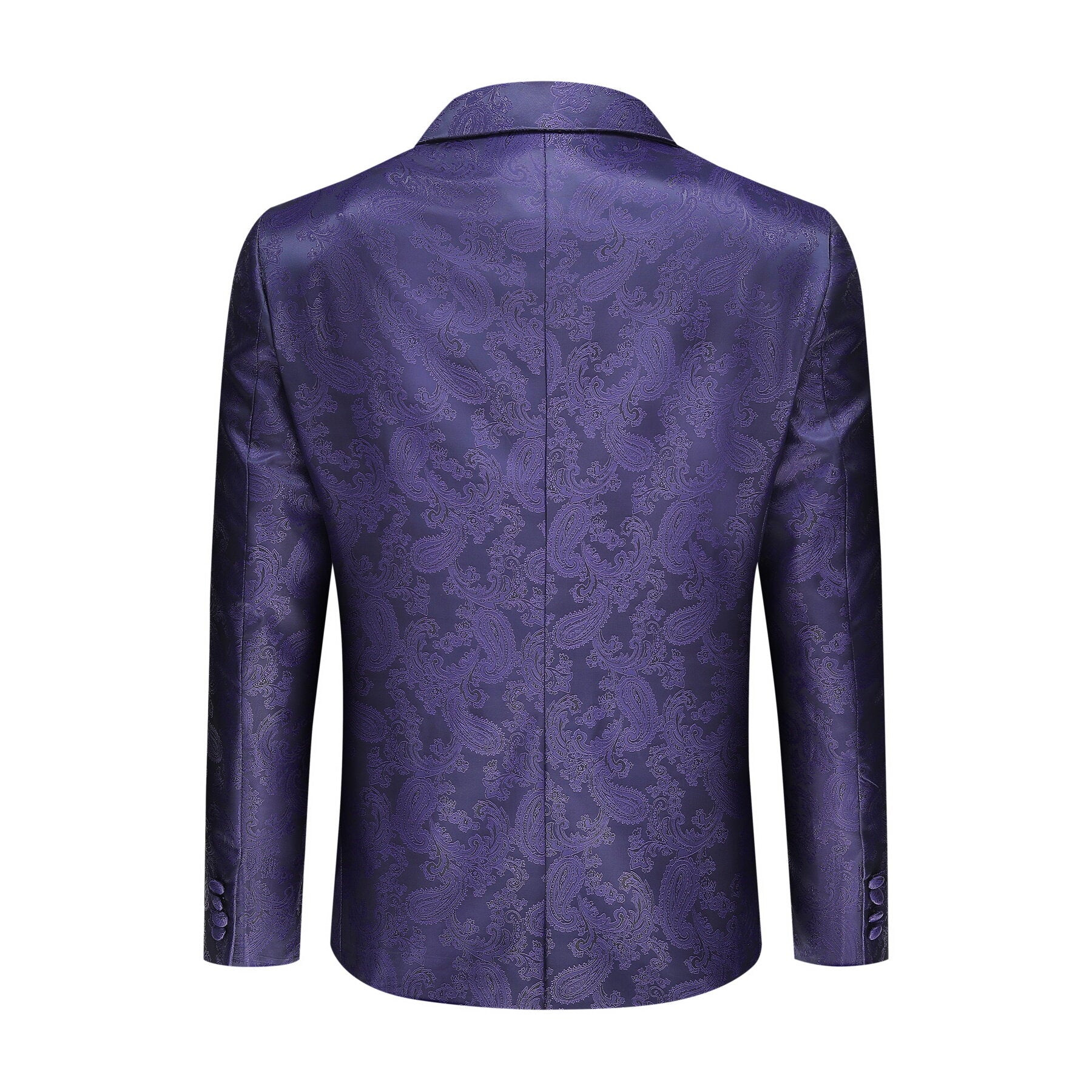 Purple # Men's slim fit 2-piece paisley fashion suit with notch lapel and single-breasted button closure, purple patterned formal blazer jacket with four-button cuffs and fully lined interior, matching flat-front trousers for party, wedding, prom and special occasions, isolated on white background.