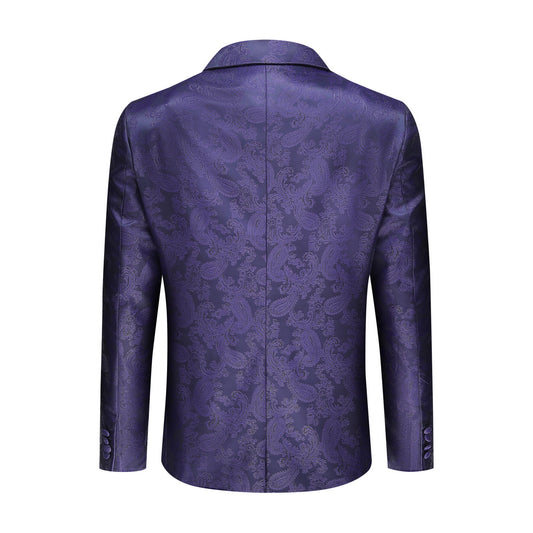 Purple # Men's slim fit 2-piece paisley fashion suit with notch lapel and single-breasted button closure, purple patterned formal blazer jacket with four-button cuffs and fully lined interior, matching flat-front trousers for party, wedding, prom and special occasions, isolated on white background.