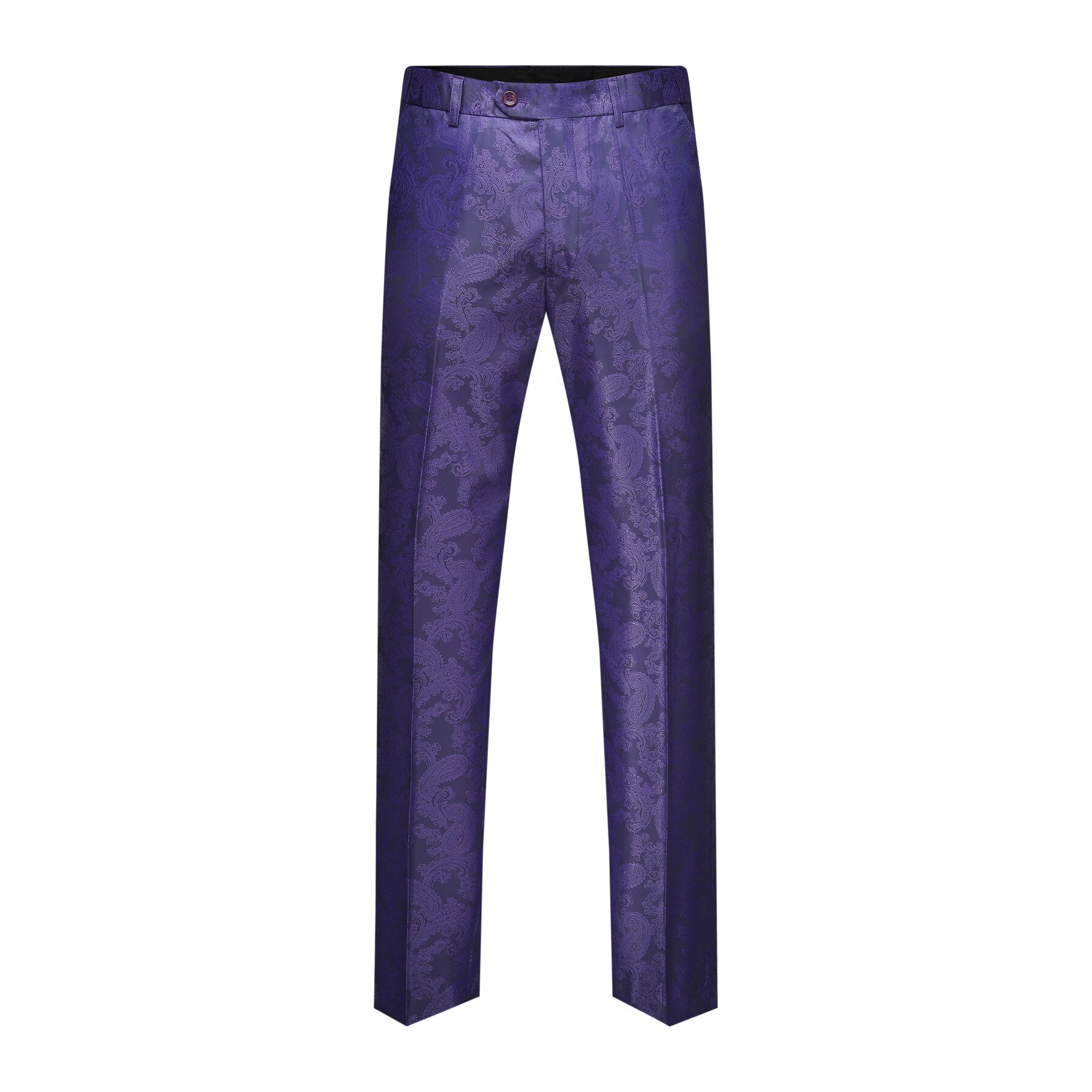 Purple # Men's slim fit 2-piece paisley fashion suit with notch lapel and single-breasted button closure, purple patterned formal blazer jacket with four-button cuffs and fully lined interior, matching flat-front trousers for party, wedding, prom and special occasions, isolated on white background.