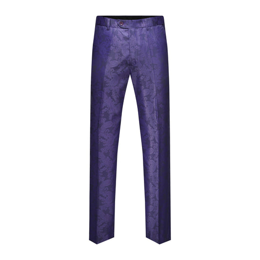 Purple # Men's slim fit 2-piece paisley fashion suit with notch lapel and single-breasted button closure, purple patterned formal blazer jacket with four-button cuffs and fully lined interior, matching flat-front trousers for party, wedding, prom and special occasions, isolated on white background.