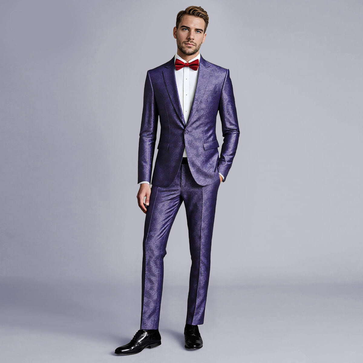 Purple # Men's slim fit 2-piece paisley fashion suit with notch lapel and single-breasted button closure, purple patterned formal blazer jacket with four-button cuffs and fully lined interior, matching flat-front trousers for party, wedding, prom and special occasions, isolated on white background.