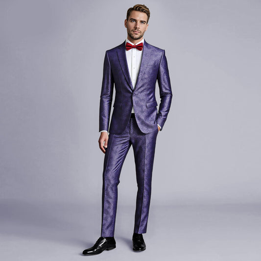 Purple # Men's slim fit 2-piece paisley fashion suit with notch lapel and single-breasted button closure, purple patterned formal blazer jacket with four-button cuffs and fully lined interior, matching flat-front trousers for party, wedding, prom and special occasions, isolated on white background.