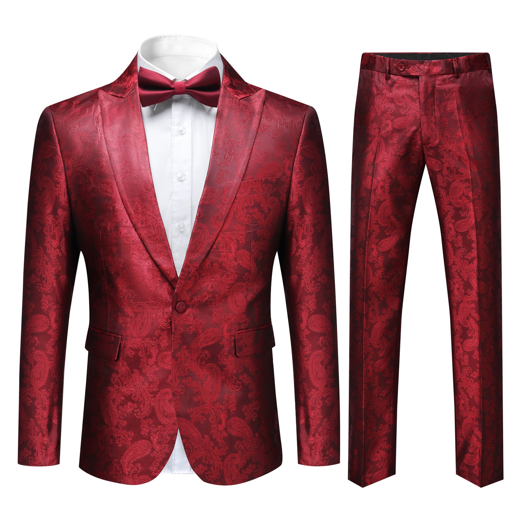 Red # Men's slim fit 2-piece paisley fashion suit with notched lapel and single-breasted button closure, red patterned formal blazer jacket with four-button cuffs and fully lined interior, matching trousers for party, wedding, prom and special occasions, isolated on white background.