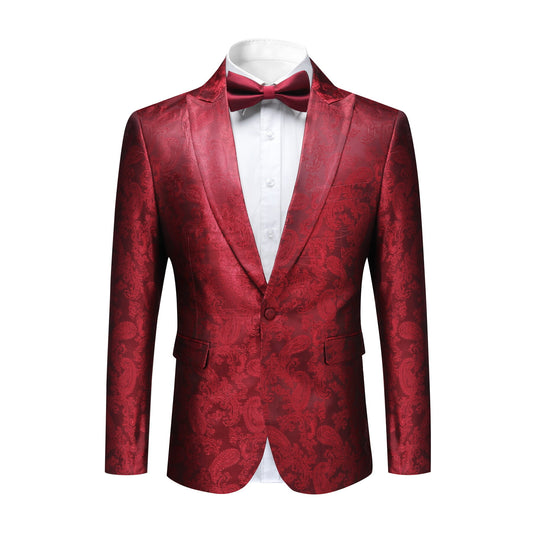 Red # Men's slim fit 2-piece paisley fashion suit with notched lapel and single-breasted button closure, red patterned formal blazer jacket with four-button cuffs and fully lined interior, matching trousers for party, wedding, prom and special occasions, isolated on white background.