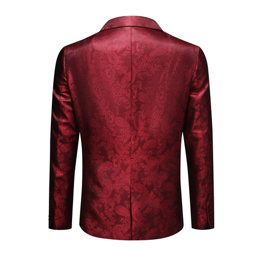 Red # Men's slim fit 2-piece paisley fashion suit with notched lapel and single-breasted button closure, red patterned formal blazer jacket with four-button cuffs and fully lined interior, matching trousers for party, wedding, prom and special occasions, isolated on white background.