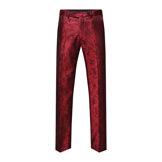Red # Men's slim fit 2-piece paisley fashion suit with notched lapel and single-breasted button closure, red patterned formal blazer jacket with four-button cuffs and fully lined interior, matching trousers for party, wedding, prom and special occasions, isolated on white background.