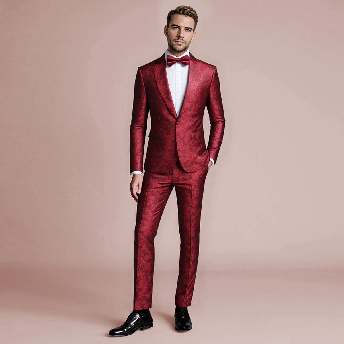 Red # Men's slim fit 2-piece paisley fashion suit with notched lapel and single-breasted button closure, red patterned formal blazer jacket with four-button cuffs and fully lined interior, matching trousers for party, wedding, prom and special occasions, isolated on white background.