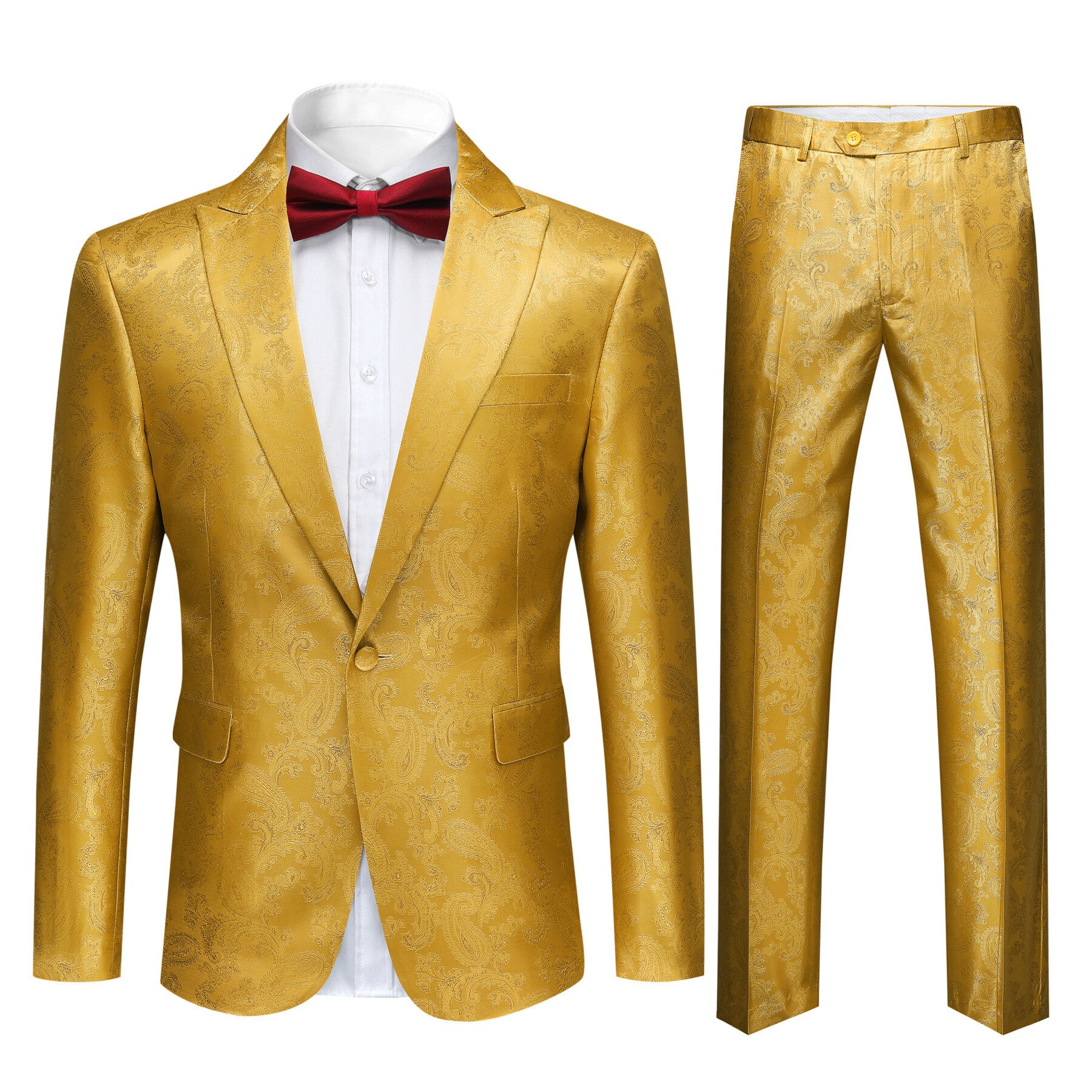 Yellow # Men's slim fit 2-piece paisley fashion suit with notched lapel and single-breasted closure, yellow patterned blazer jacket with four-button cuffs and fully lined interior, matching flat-front trousers for party, wedding, prom and daily wear, isolated on white background.