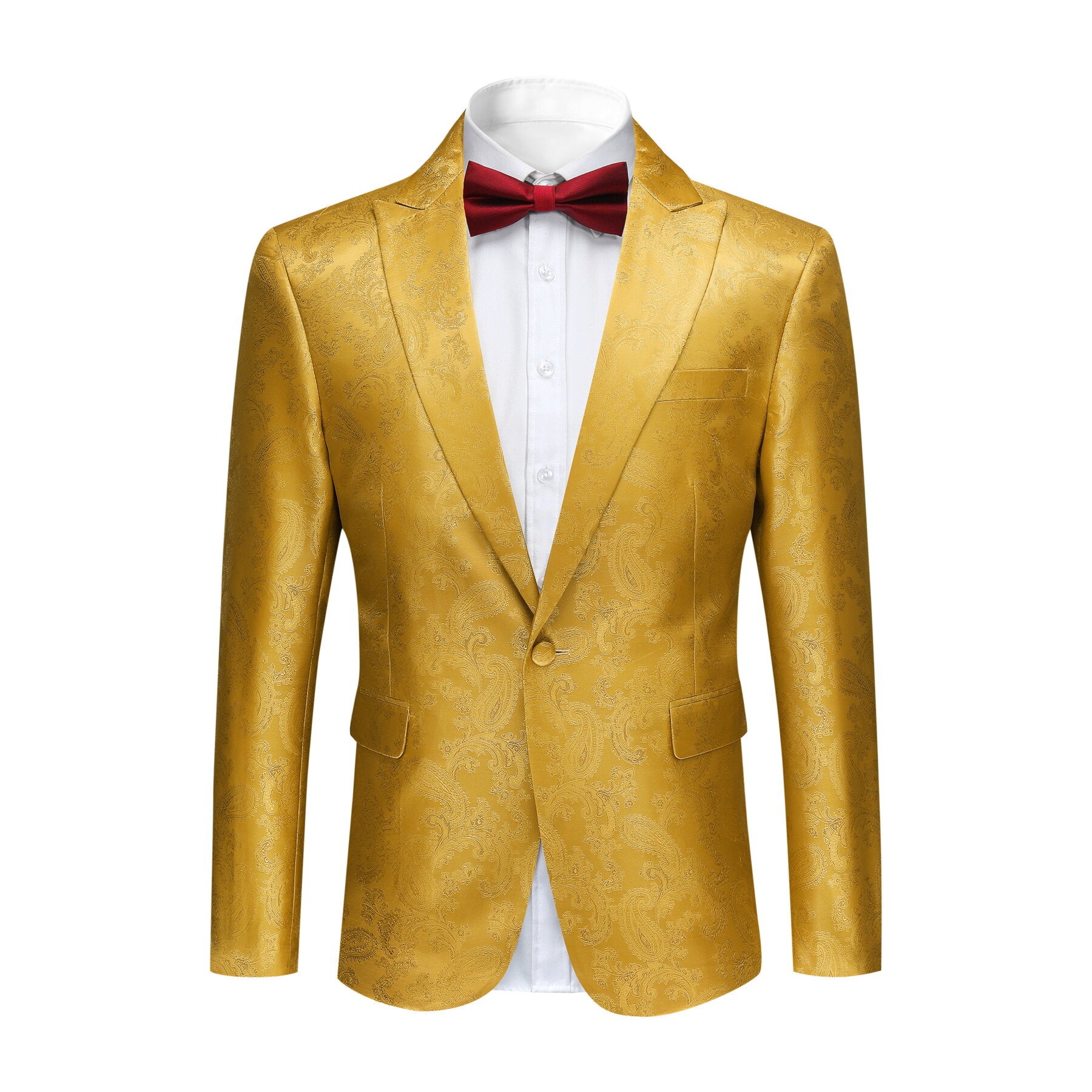 Yellow # Men's slim fit 2-piece paisley fashion suit with notched lapel and single-breasted closure, yellow patterned blazer jacket with four-button cuffs and fully lined interior, matching flat-front trousers for party, wedding, prom and daily wear, isolated on white background.