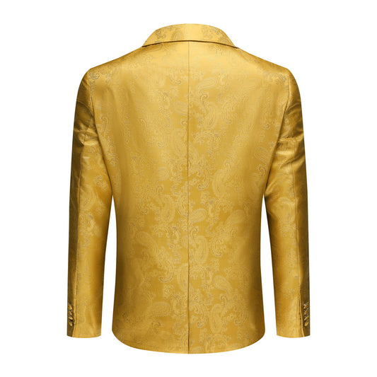 Yellow # Men's slim fit 2-piece paisley fashion suit with notched lapel and single-breasted closure, yellow patterned blazer jacket with four-button cuffs and fully lined interior, matching flat-front trousers for party, wedding, prom and daily wear, isolated on white background.