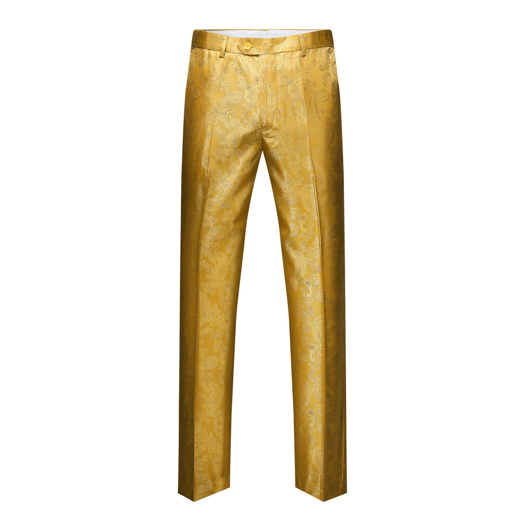 Yellow # Men's slim fit 2-piece paisley fashion suit with notched lapel and single-breasted closure, yellow patterned blazer jacket with four-button cuffs and fully lined interior, matching flat-front trousers for party, wedding, prom and daily wear, isolated on white background.