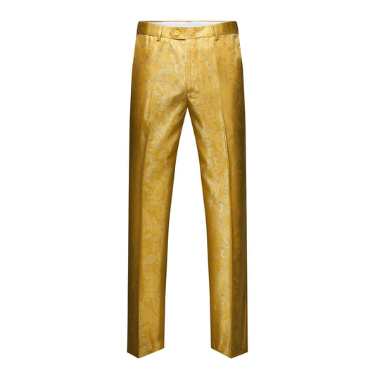 Yellow # Men's slim fit 2-piece paisley fashion suit with notched lapel and single-breasted closure, yellow patterned blazer jacket with four-button cuffs and fully lined interior, matching flat-front trousers for party, wedding, prom and daily wear, isolated on white background.