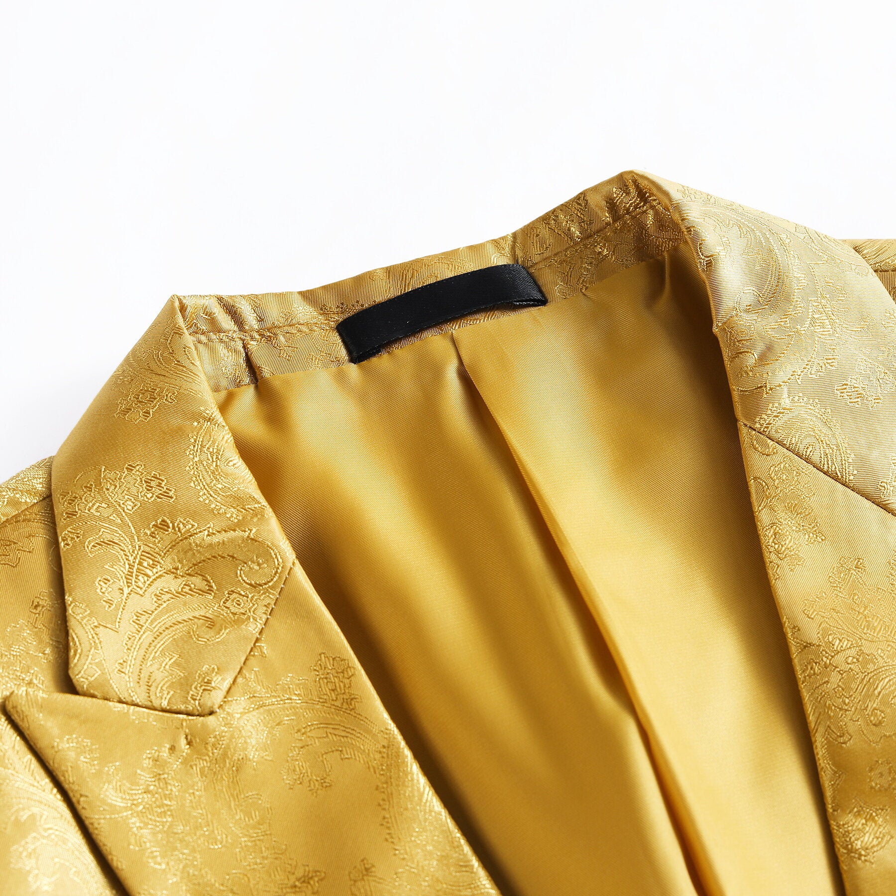 Yellow # Men's slim fit 2-piece paisley fashion suit with notched lapel and single-breasted closure, yellow patterned blazer jacket with four-button cuffs and fully lined interior, matching flat-front trousers for party, wedding, prom and daily wear, isolated on white background.