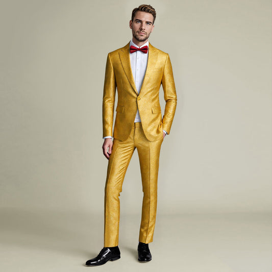 Yellow # Men's slim fit 2-piece paisley fashion suit with notched lapel and single-breasted closure, yellow patterned blazer jacket with four-button cuffs and fully lined interior, matching flat-front trousers for party, wedding, prom and daily wear, isolated on white background.
