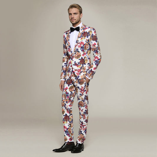 White # Men's slim fit 2-piece floral print suit with notched lapel and four-button cuffs, white patterned formal blazer jacket with matching flat-front trousers with extended waist strap, elegant polyester viscose blend wedding suit for party, prom and special occasions, isolated on white background.