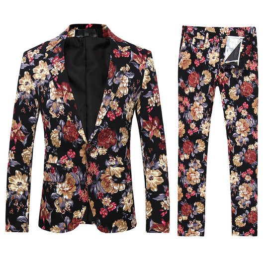 Maroon # Men's slim fit 2-piece floral print suit with notched lapel and button closure, maroon patterned formal blazer jacket with four-button cuffs and matching flat-front trousers with extended waist strap and slanted side pockets, elegant polyester viscose blend suit for wedding, business, prom and daily wear, isolated on white background.