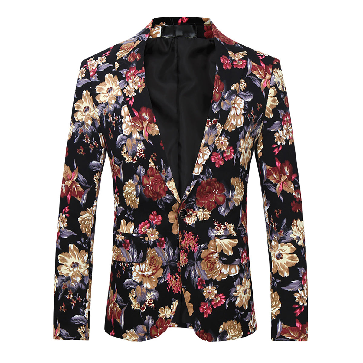 Maroon # Men's slim fit 2-piece floral print suit with notched lapel and button closure, maroon patterned formal blazer jacket with four-button cuffs and matching flat-front trousers with extended waist strap and slanted side pockets, elegant polyester viscose blend suit for wedding, business, prom and daily wear, isolated on white background.