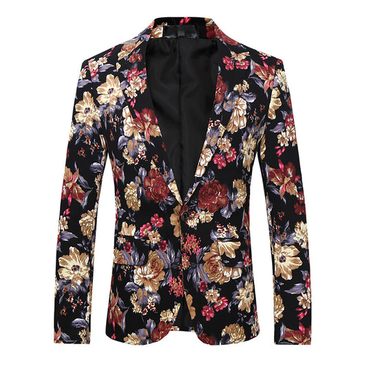 Maroon # Men's slim fit 2-piece floral print suit with notched lapel and button closure, maroon patterned formal blazer jacket with four-button cuffs and matching flat-front trousers with extended waist strap and slanted side pockets, elegant polyester viscose blend suit for wedding, business, prom and daily wear, isolated on white background.