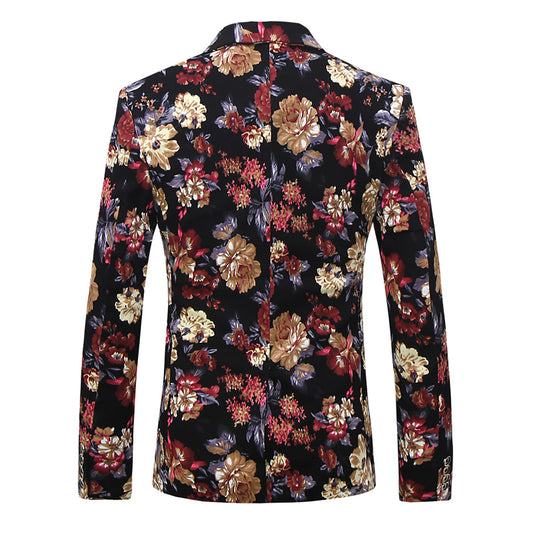 Maroon # Men's slim fit 2-piece floral print suit with notched lapel and button closure, maroon patterned formal blazer jacket with four-button cuffs and matching flat-front trousers with extended waist strap and slanted side pockets, elegant polyester viscose blend suit for wedding, business, prom and daily wear, isolated on white background.
