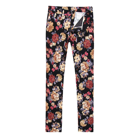 Maroon # Men's slim fit 2-piece floral print suit with notched lapel and button closure, maroon patterned formal blazer jacket with four-button cuffs and matching flat-front trousers with extended waist strap and slanted side pockets, elegant polyester viscose blend suit for wedding, business, prom and daily wear, isolated on white background.