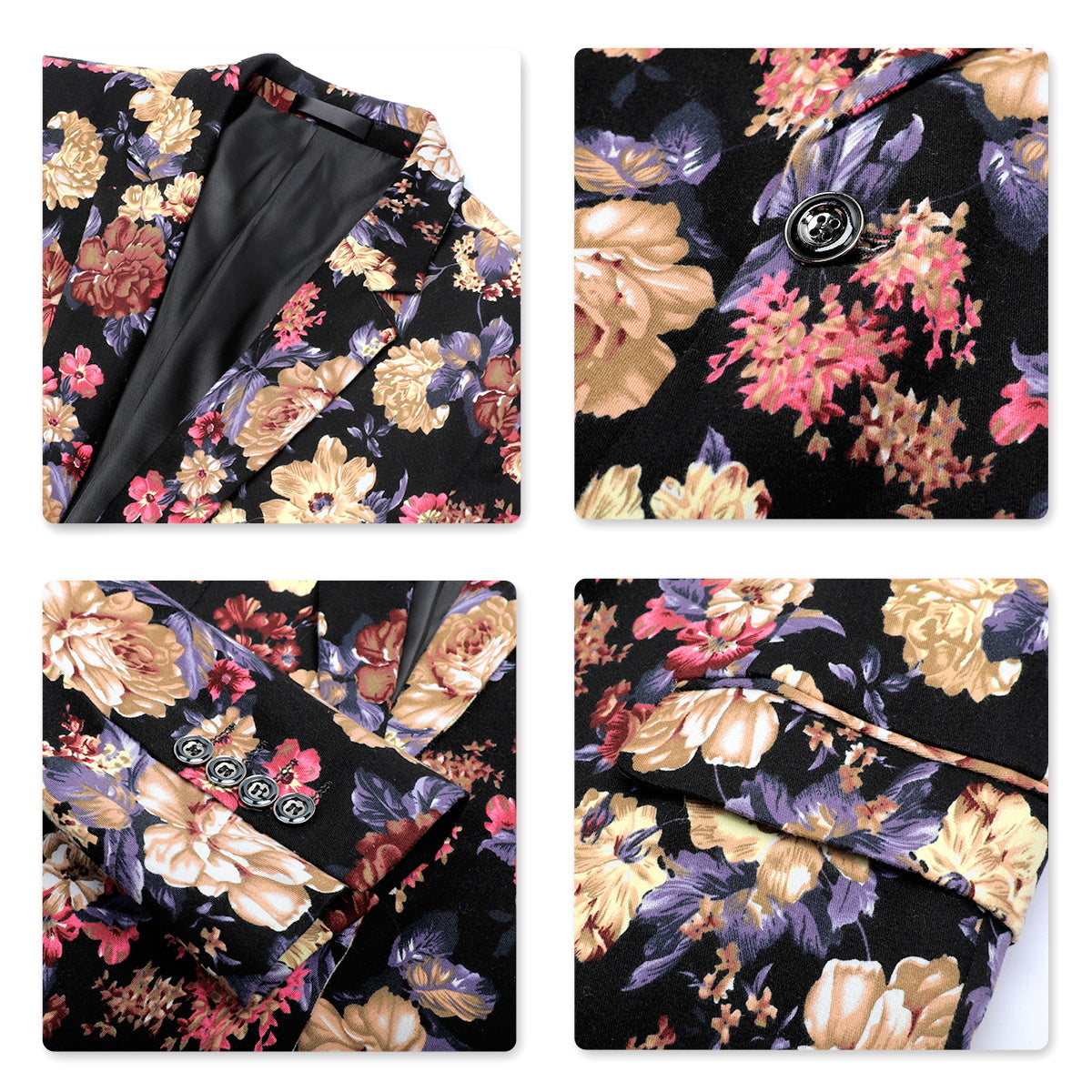 Maroon # Men's slim fit 2-piece floral print suit with notched lapel and button closure, maroon patterned formal blazer jacket with four-button cuffs and matching flat-front trousers with extended waist strap and slanted side pockets, elegant polyester viscose blend suit for wedding, business, prom and daily wear, isolated on white background.