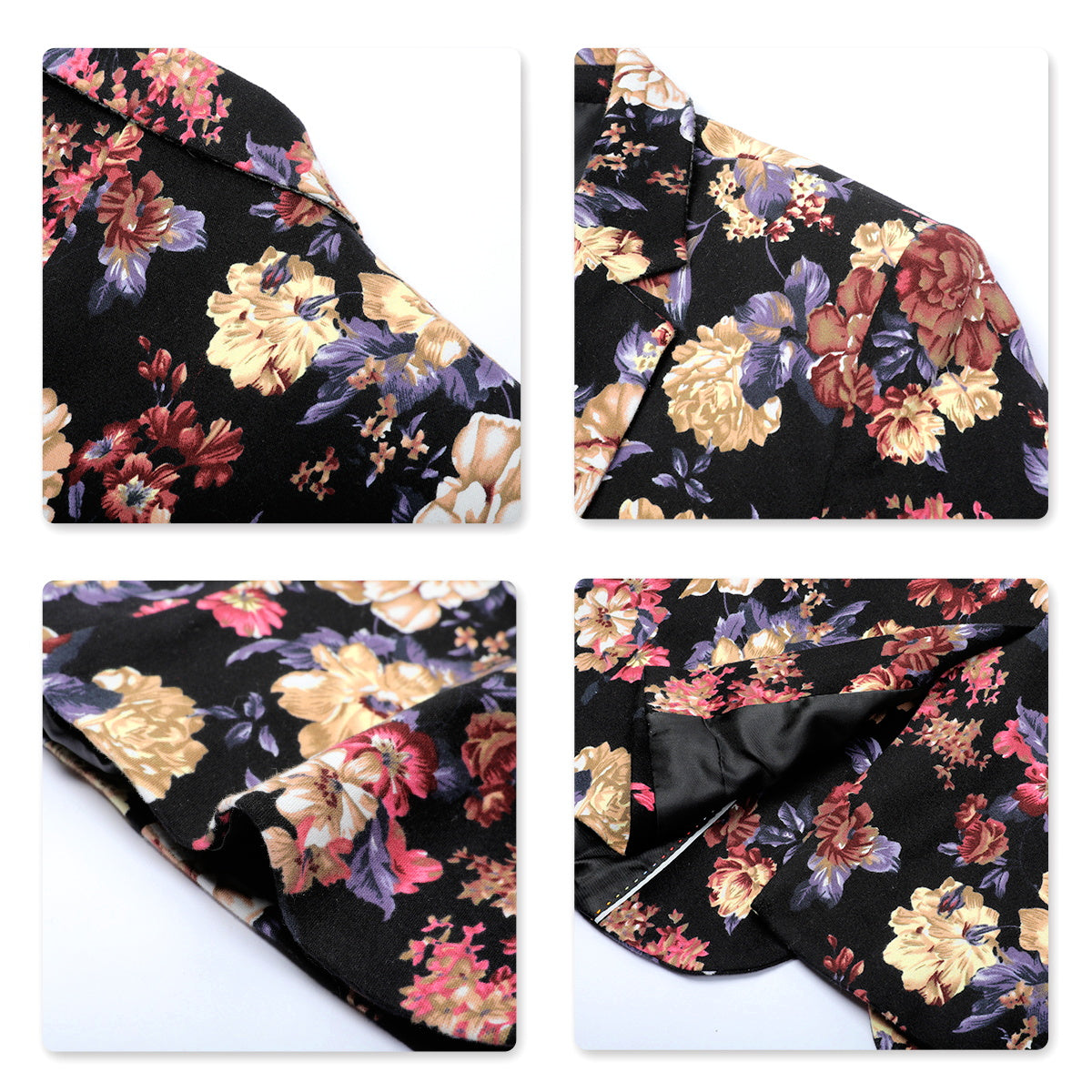 Maroon # Men's slim fit 2-piece floral print suit with notched lapel and button closure, maroon patterned formal blazer jacket with four-button cuffs and matching flat-front trousers with extended waist strap and slanted side pockets, elegant polyester viscose blend suit for wedding, business, prom and daily wear, isolated on white background.