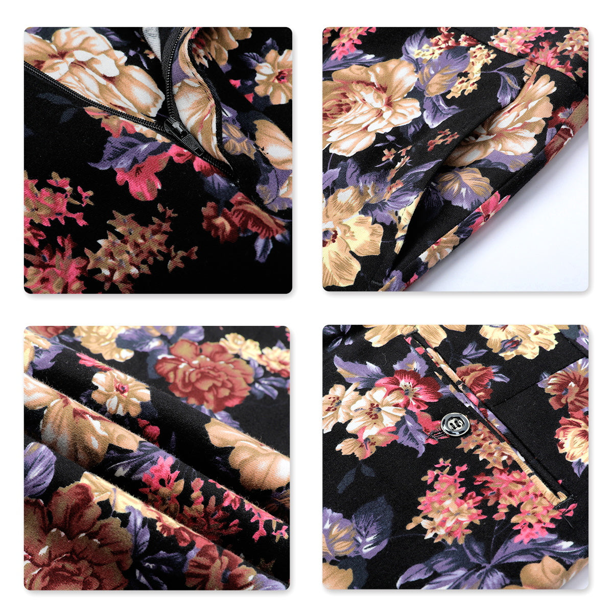 Maroon # Men's slim fit 2-piece floral print suit with notched lapel and button closure, maroon patterned formal blazer jacket with four-button cuffs and matching flat-front trousers with extended waist strap and slanted side pockets, elegant polyester viscose blend suit for wedding, business, prom and daily wear, isolated on white background.