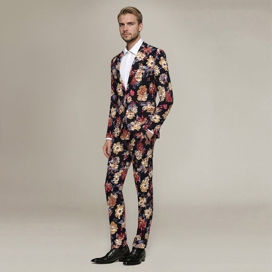 Maroon # Men's slim fit 2-piece floral print suit with notched lapel and button closure, maroon patterned formal blazer jacket with four-button cuffs and matching flat-front trousers with extended waist strap and slanted side pockets, elegant polyester viscose blend suit for wedding, business, prom and daily wear, isolated on white background.