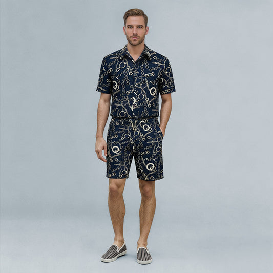 Navy # Men's slim fit 2-piece floral print suit with notched lapel and four-button cuffs, navy patterned blazer jacket with matching flat-front trousers with extended waist strap for wedding, prom, party and formal occasions, isolated on white background.
