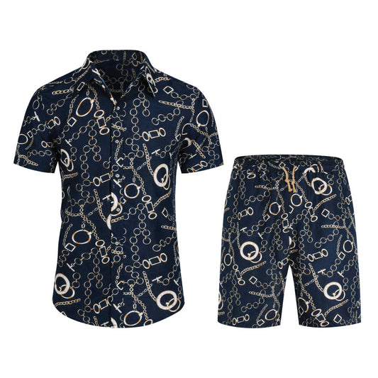 Navy # Men's slim fit 2-piece floral print suit with notched lapel and four-button cuffs, navy patterned blazer jacket with matching flat-front trousers with extended waist strap for wedding, prom, party and formal occasions, isolated on white background.