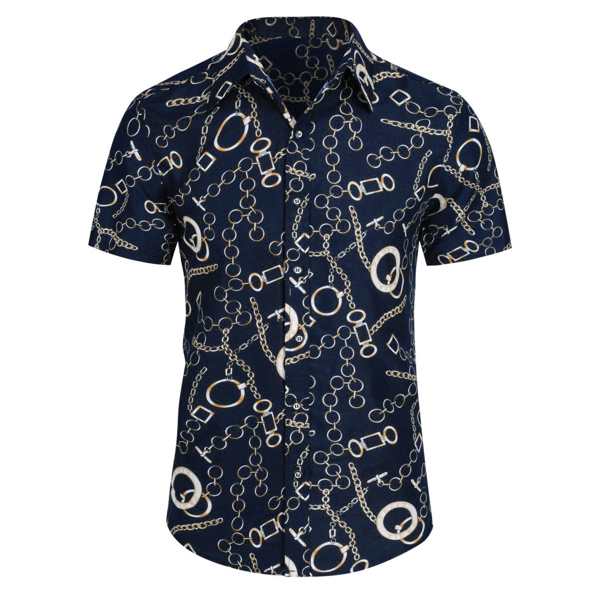 Navy # Men's slim fit 2-piece floral print suit with notched lapel and four-button cuffs, navy patterned blazer jacket with matching flat-front trousers with extended waist strap for wedding, prom, party and formal occasions, isolated on white background.