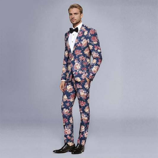Navy # Men's slim fit 2-piece floral print suit with notched lapel and four-button cuffs, navy patterned blazer jacket with matching flat-front trousers with extended waist strap for wedding, prom, party and formal occasions, isolated on white background.