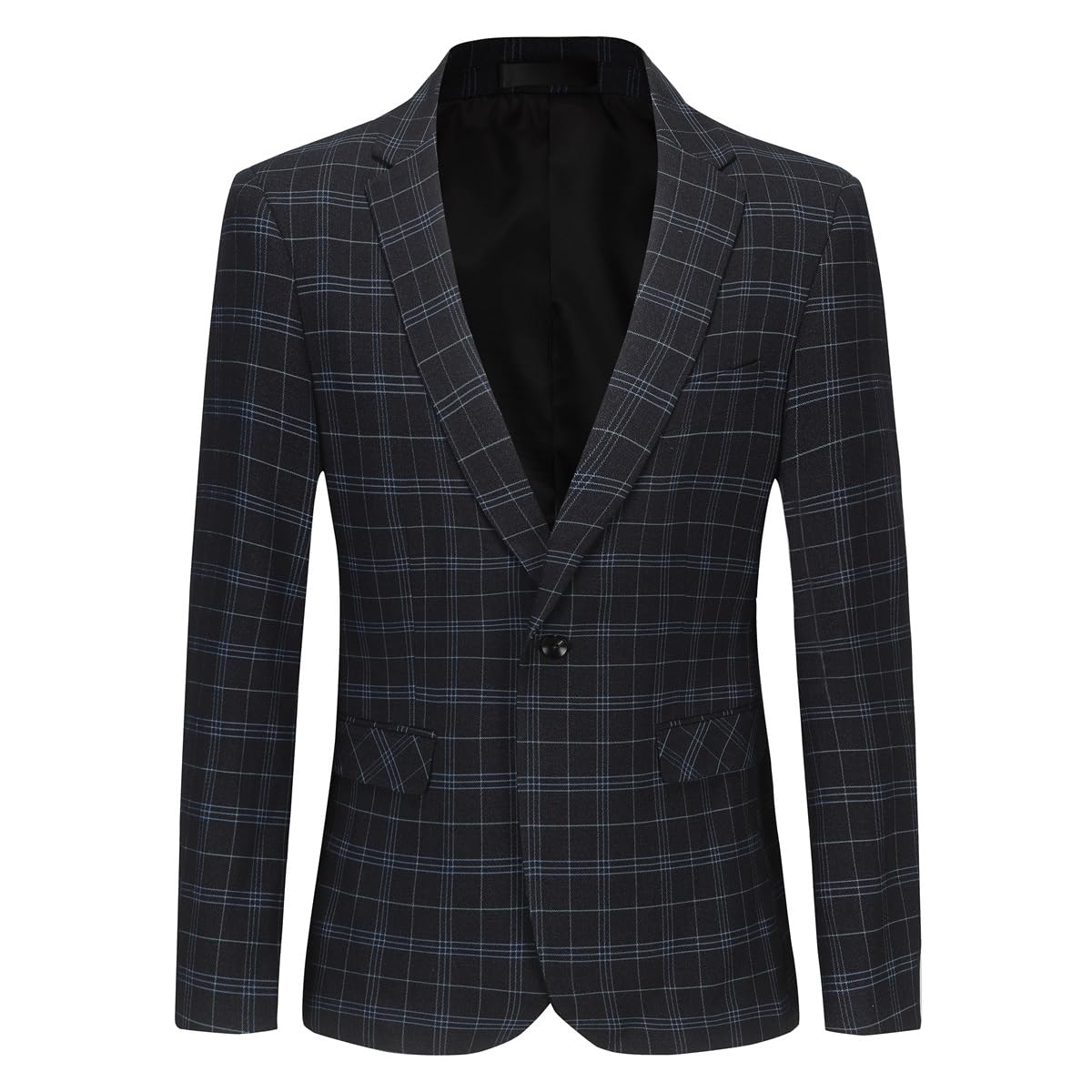 Black # Men's slim fit 1-button plaid suit blazer, single-breasted notch lapel sport coat with tweed checkered pattern, black tartan jacket for wedding, prom, business, party and daily wear, isolated on white background.