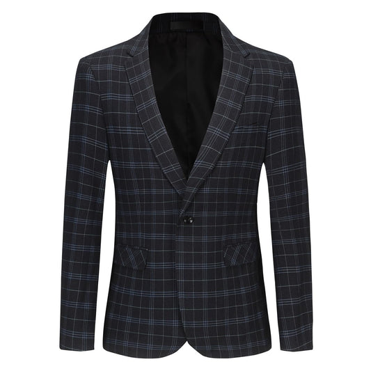 Black # Men's slim fit 1-button plaid suit blazer, single-breasted notch lapel sport coat with tweed checkered pattern, black tartan jacket for wedding, prom, business, party and daily wear, isolated on white background.