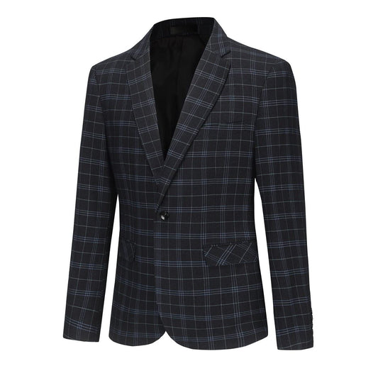 Black # Men's slim fit 1-button plaid suit blazer, single-breasted notch lapel sport coat with tweed checkered pattern, black tartan jacket for wedding, prom, business, party and daily wear, isolated on white background.