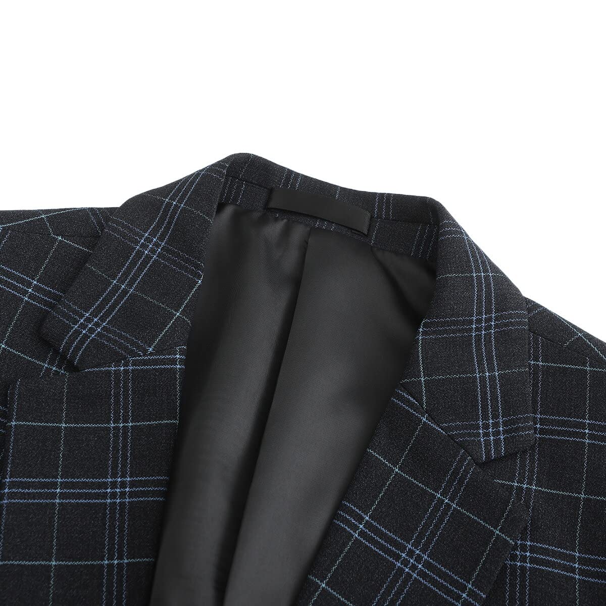 Black # Men's slim fit 1-button plaid suit blazer, single-breasted notch lapel sport coat with tweed checkered pattern, black tartan jacket for wedding, prom, business, party and daily wear, isolated on white background.