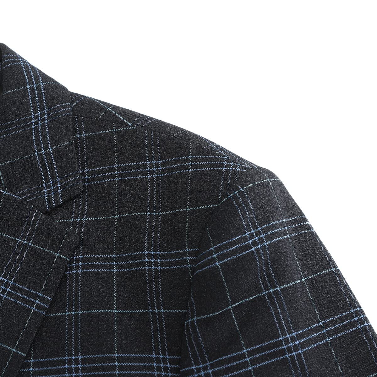 Black # Men's slim fit 1-button plaid suit blazer, single-breasted notch lapel sport coat with tweed checkered pattern, black tartan jacket for wedding, prom, business, party and daily wear, isolated on white background.