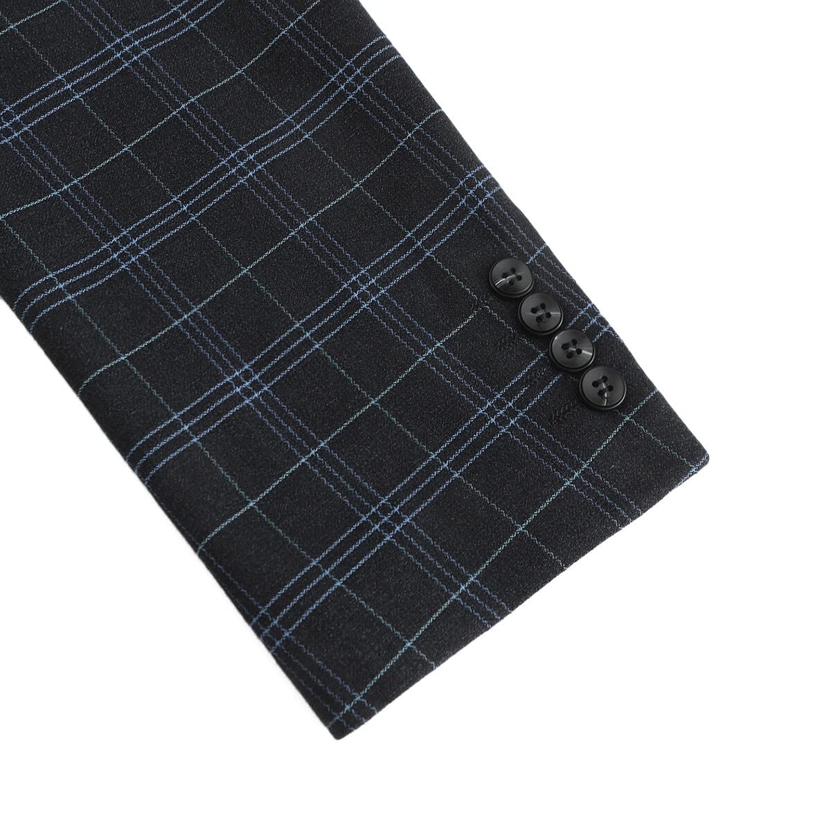 Black # Men's slim fit 1-button plaid suit blazer, single-breasted notch lapel sport coat with tweed checkered pattern, black tartan jacket for wedding, prom, business, party and daily wear, isolated on white background.